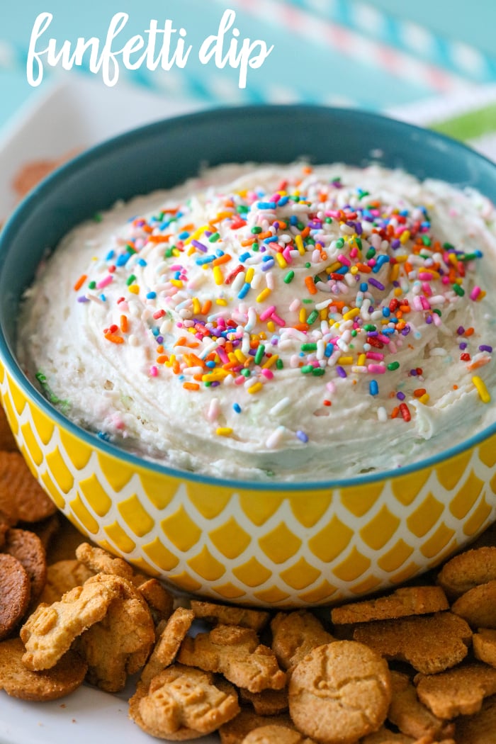Funfetti Dip in bowl with cookies around it
