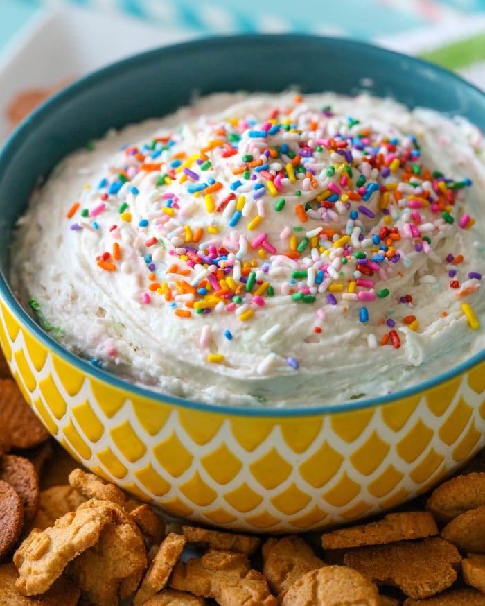 Funfetti Dip with sprinkles in bowl