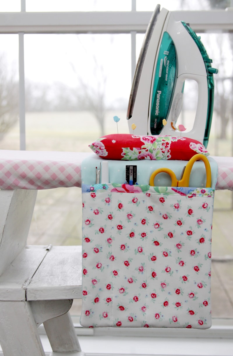 Quick and Easy Ironing Board Organizer - so handy to have to hold scissors, pins and more while making your projects! Doesn't require a lot of supplies either!