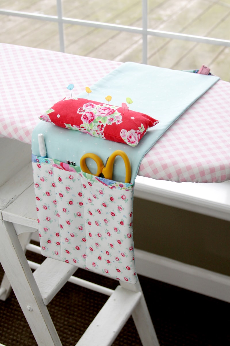 Quick and Easy Ironing Board Organizer - so handy to have to hold scissors, pins and more while making your projects! Doesn't require a lot of supplies either!