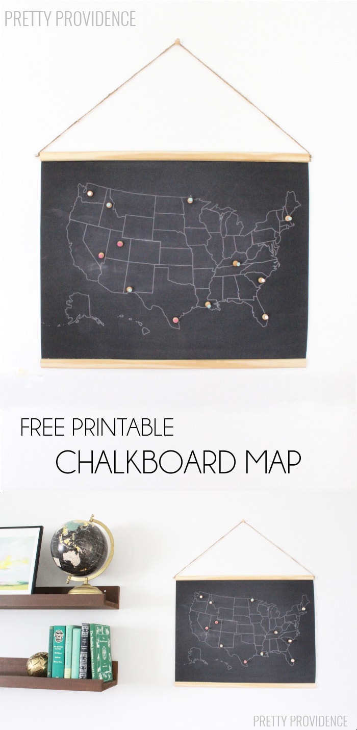 Super fun (and FREE) printable chalkboard map to document your travels! A great decor piece to add to your home.