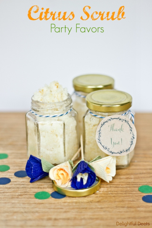 DIY Citrus Scrub Party Favors recipe. So easy to make and smell so good. Ingredients include sugar, coconut oil, zest from an orange & lemon, and orange essential oil.