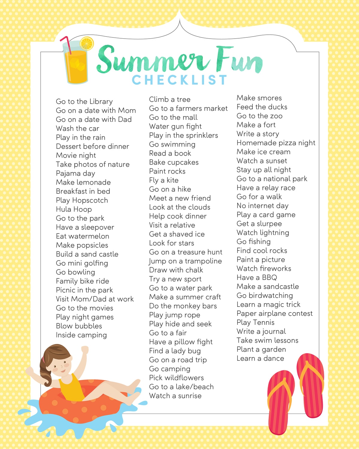 Summer Fun Checklist - FREE printable with lots of fun and creative activities to bust your kids' summer boredom!
