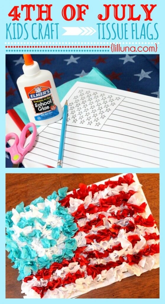 Fourth of July Tissue Flag Kids Craft! The kids will have tons of fun making these colorful flags!