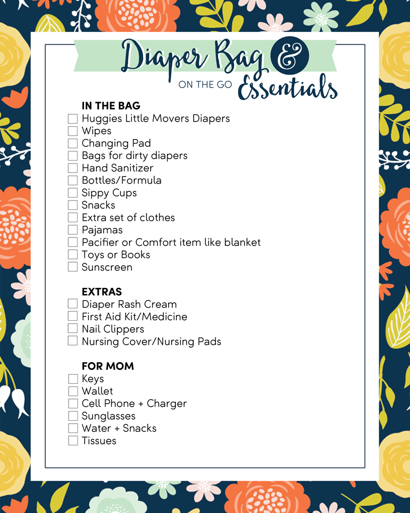 Diaper Bag & on the go Essentials Printable List + tips for getting out with your active baby!
