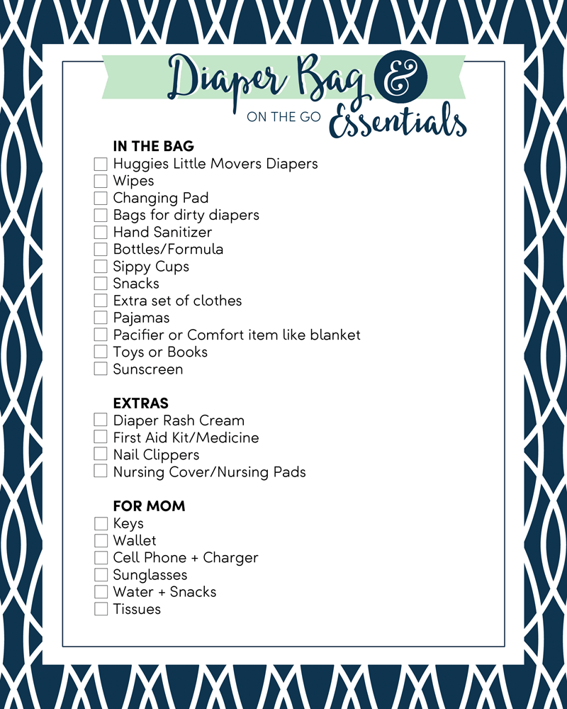 Diaper Bag & on the go Essentials Printable List + tips for getting out with your active baby!