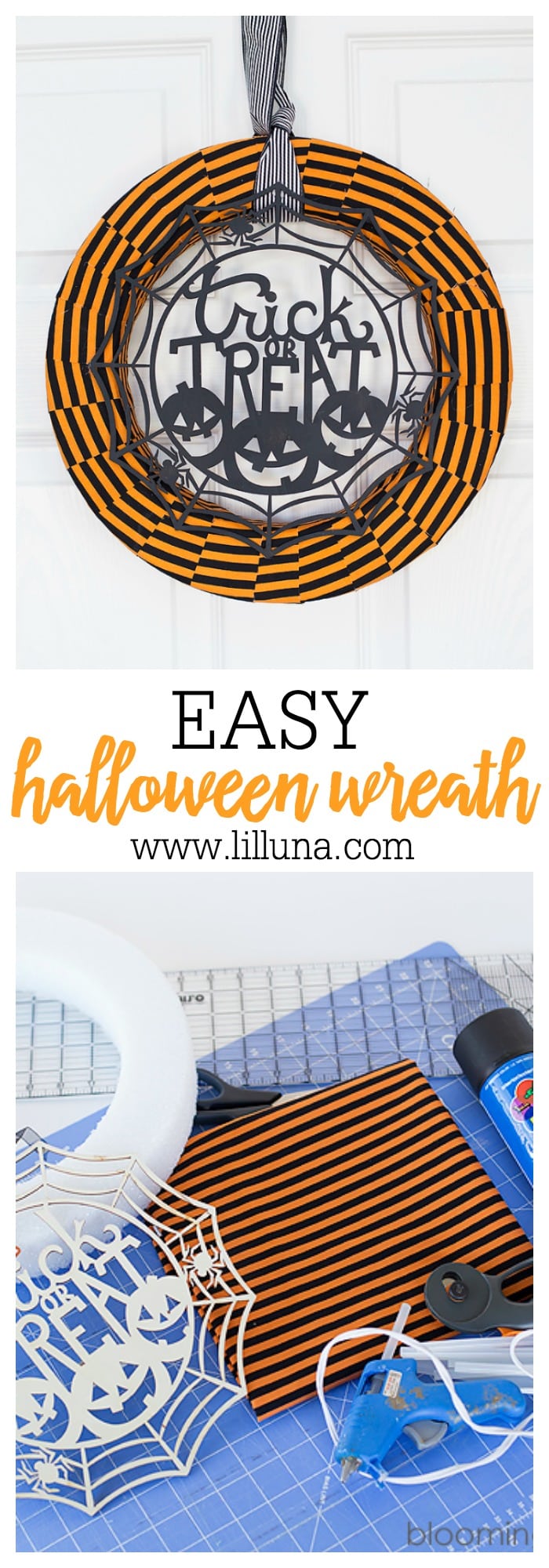 Halloween Trick or Treat Wreath by Blooming Homestead - a bold and festive wreath that's easy to assemble using just a few supplies items! Cute with just the right amount of spooky!! See it on { lilluna.com }