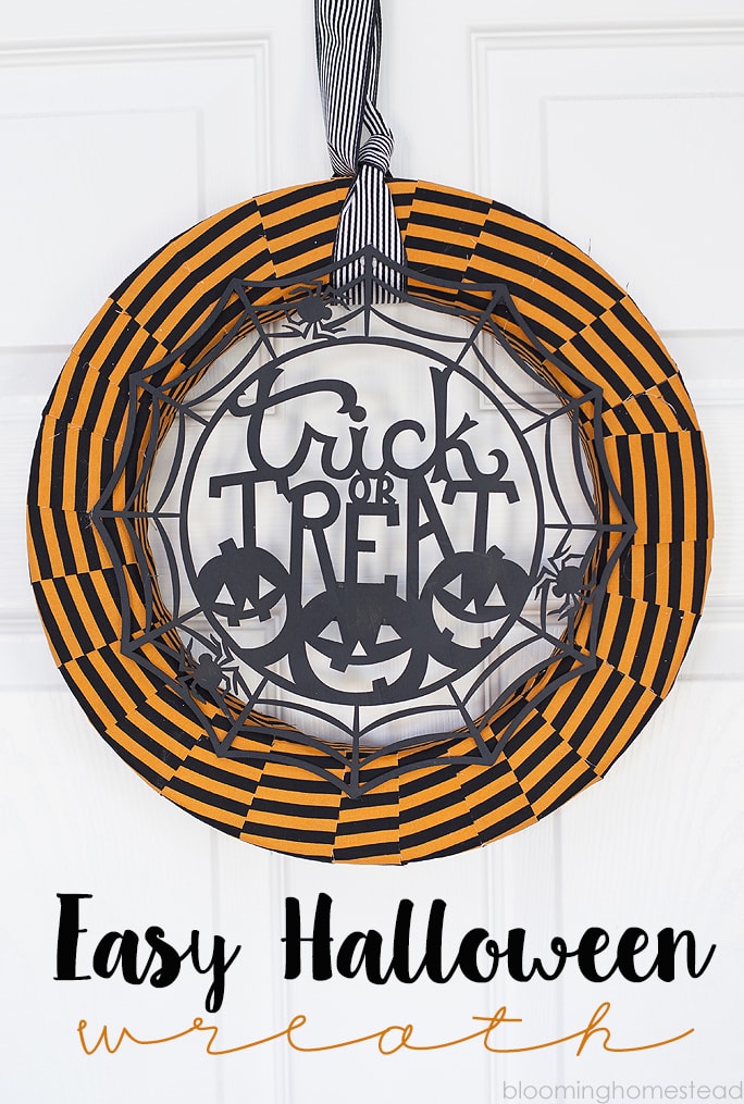 Halloween Trick or Treat Wreath by Blooming Homestead - a bold and festive wreath that's easy to assemble using just a few supplies items! Cute with just the right amount of spooky!! See it on { lilluna.com }