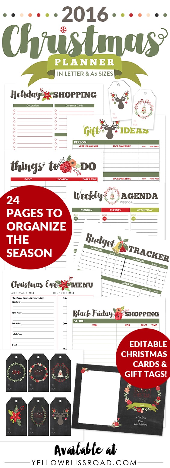 2016 Christmas Planner - Letter & A5 sizes - Everything you need to organize your holidays, from budget trackers and menu planner to editable Christmas Cards and Editable Gift Tags!