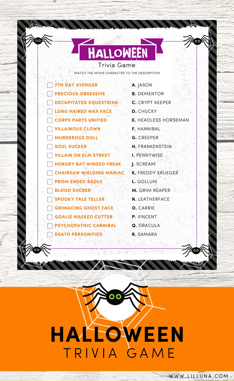 FREE Halloween Trivia Print - just match the movie character to the description - perfect for parties!