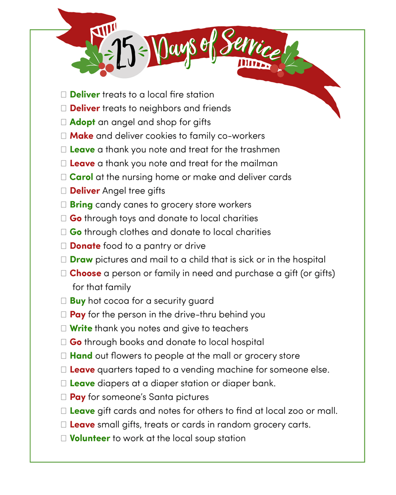 25 Days of Service - a cute printable that shares service ideas for your family to complete during the holiday season. Such a fun idea!