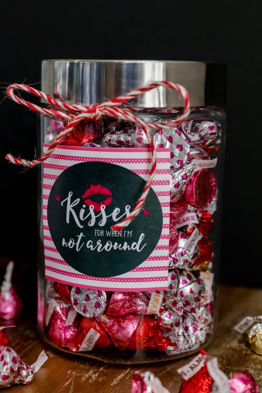 Cute and simple Valentine's Day Gift - Kisses Jar. An adorable and inexpensive way to gift kisses for Valentine's.