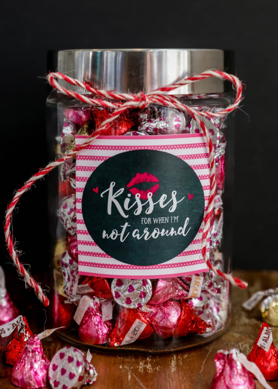 Cute and simple Valentine's Day Gift - Kisses Jar. An adorable and inexpensive way to gift kisses for Valentine's.