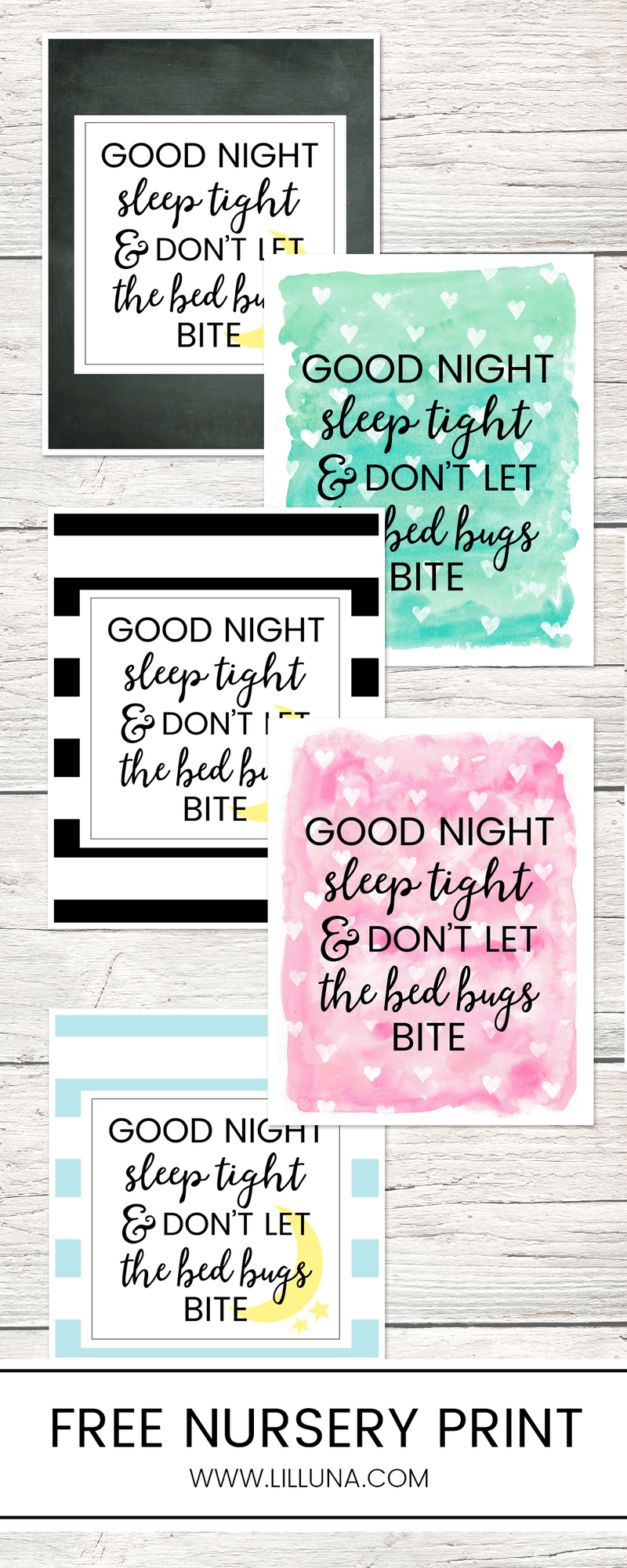 FREE Good night, sleep tight and don't let the bed bugs bite printables - perfect for the nursery!